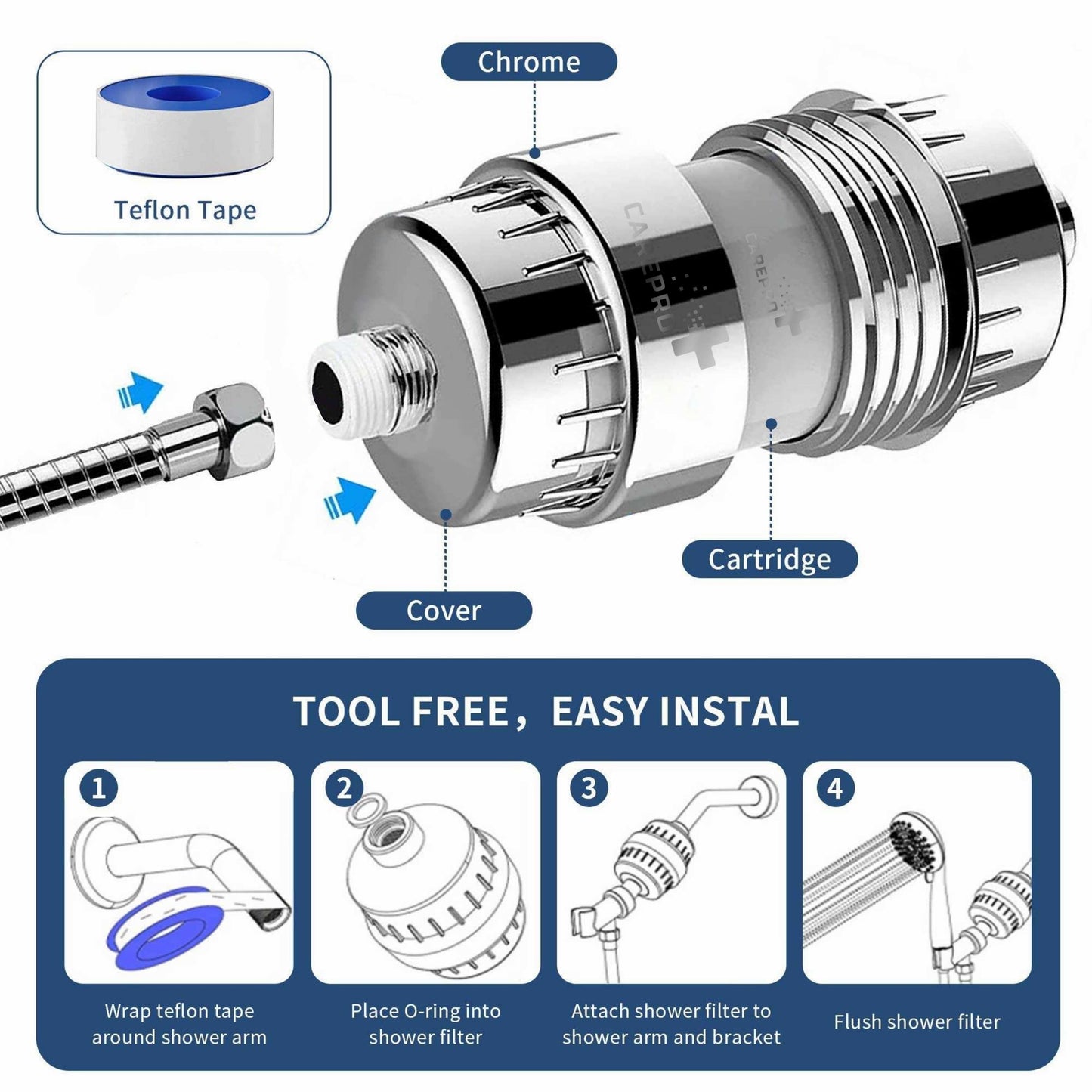 CarePro+ 15-Stage Water Softener | Water Softener For Bathroom | Hard Water Filter For Tap | For Both Borewell And Tanker Water/Water Softner To Control Hair Fall And Skin Protector | Chrome Finish