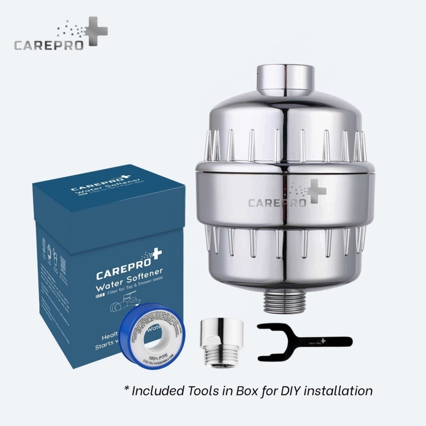 CarePro+ 15-Stage Water Softener | Water Softener For Bathroom | Hard Water Filter For Tap | For Both Borewell And Tanker Water/Water Softner To Control Hair Fall And Skin Protector | Chrome Finish